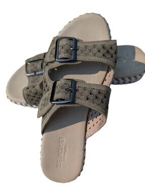 Ilse Jacobsen Olive Green Double Buckle Slide Women's Sandals Scalloped Size 8